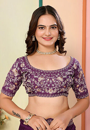 Embroidered Organza Scalloped Saree in Purple