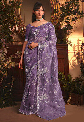 Embroidered Organza Scalloped Saree in Purple