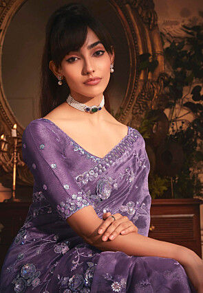 Embroidered Organza Scalloped Saree in Purple