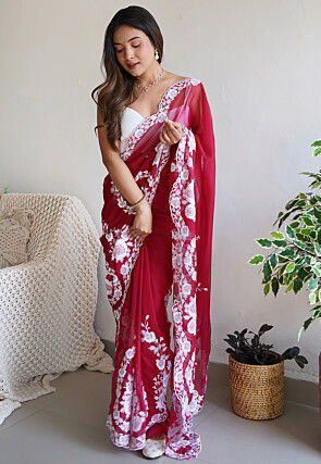 Embroidered Organza Scalloped Saree in Red