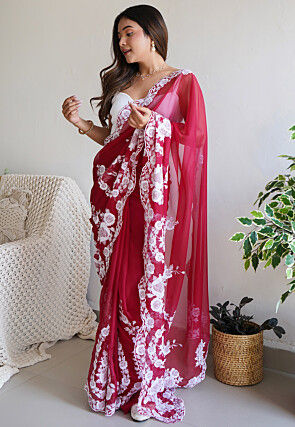 Embroidered Organza Scalloped Saree in Red