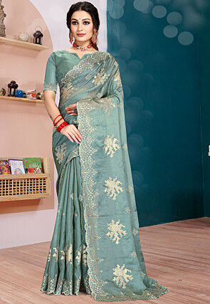 Embroidered Organza Scalloped Saree in Sea Green