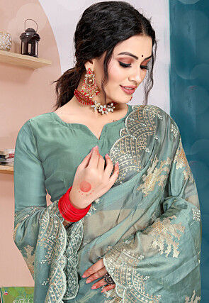 Embroidered Organza Scalloped Saree in Sea Green