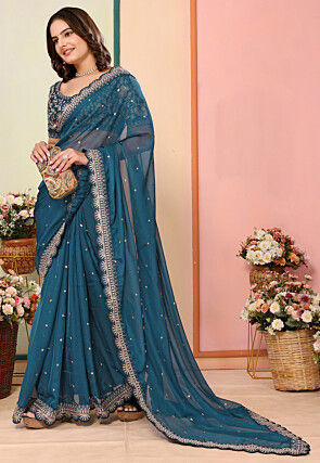 Embroidered Organza Scalloped Saree in Teal Blue