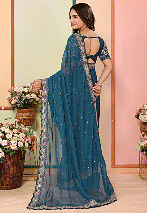 Embroidered Organza Scalloped Saree in Teal Blue