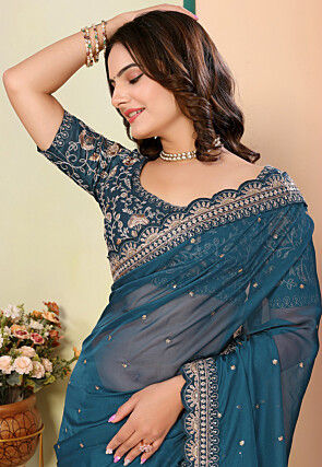 Embroidered Organza Scalloped Saree in Teal Blue