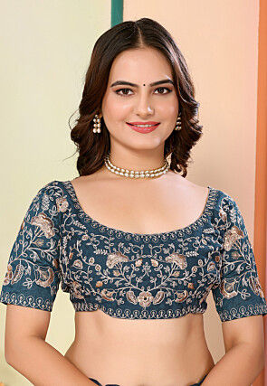 Embroidered Organza Scalloped Saree in Teal Blue