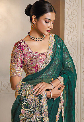 Embroidered Organza Scalloped Saree in Teal Green