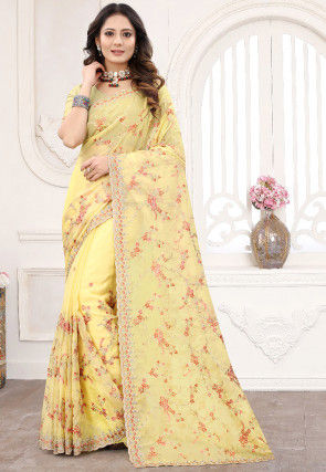 Embroidered Organza Scalloped Saree in Yellow