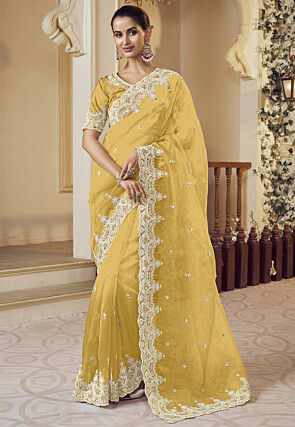 Embroidered Organza Scalloped Saree in Yellow