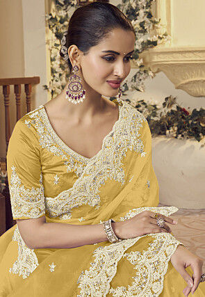 Embroidered Organza Scalloped Saree in Yellow