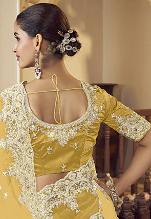 Embroidered Organza Scalloped Saree in Yellow