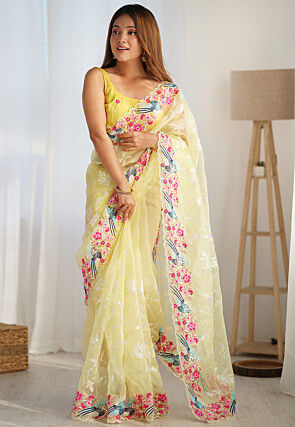 Embroidered Organza Scalloped Saree in Yellow