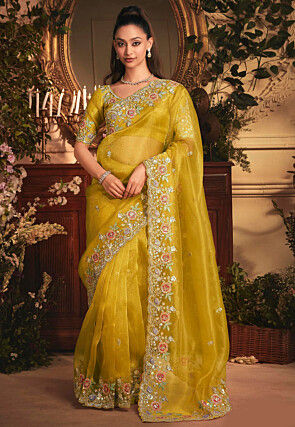 Embroidered Organza Scalloped Saree in Yellow