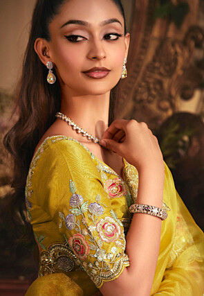 Embroidered Organza Scalloped Saree in Yellow