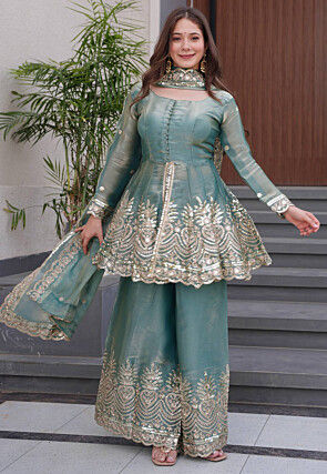 Embroidered Organza Shimmer Pakistani Suit in Dusty Blue