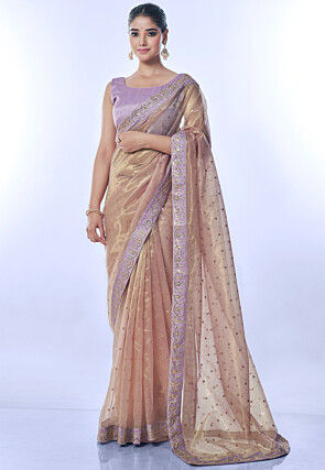 Embroidered Organza Shimmer Saree in Golden