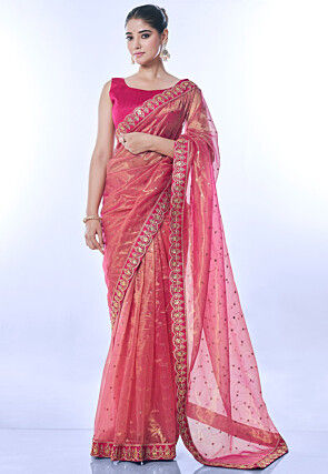 Embroidered Organza Shimmer Saree in Pink