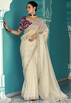 Embroidered Organza Shimmer Scalloped Saree in Off White
