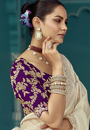 Embroidered Organza Shimmer Scalloped Saree in Off White