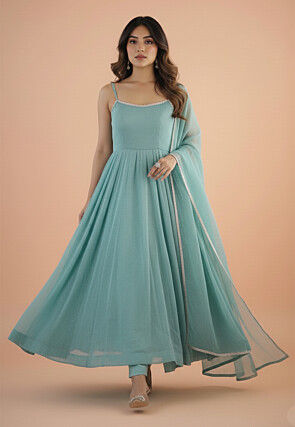 Embroidered Organza Silk Anarkali Suit in Pastel Blue
