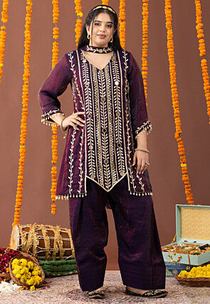 Embroidered Organza Silk Asymmetric Pakistani Suit in Voilet