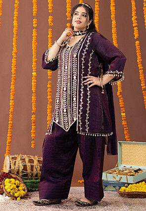 Embroidered Organza Silk Asymmetric Pakistani Suit in Voilet