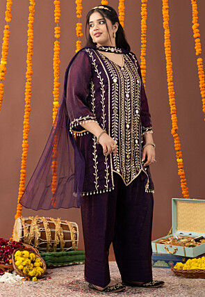 Embroidered Organza Silk Asymmetric Pakistani Suit in Voilet