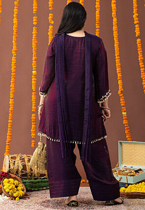 Embroidered Organza Silk Asymmetric Pakistani Suit in Voilet