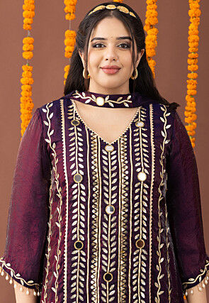 Embroidered Organza Silk Asymmetric Pakistani Suit in Voilet