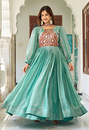 Embroidered Organza Silk Crushed Abaya Style Suit in Light Green