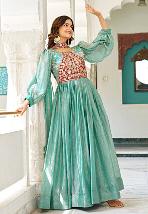 Embroidered Organza Silk Crushed Abaya Style Suit in Light Green