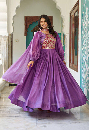 Embroidered Organza Silk Crushed Abaya Style Suit in Purple