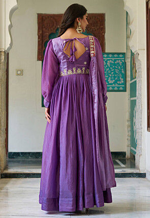 Embroidered Organza Silk Crushed Abaya Style Suit in Purple
