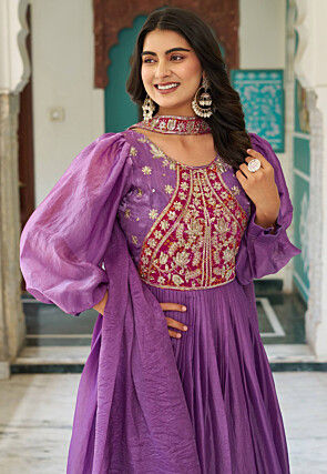 Embroidered Organza Silk Crushed Abaya Style Suit in Purple