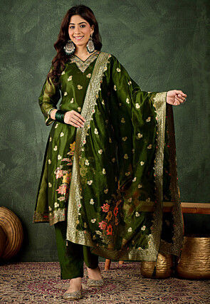 Embroidered Organza Silk Jacquard Pakistani Suit in Dark Green