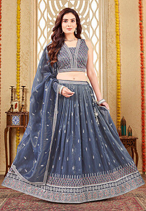 Embroidered Organza Silk Lehenga in Grey