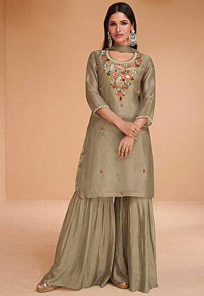 Embroidered Organza Silk Pakistani Suit in Fawn