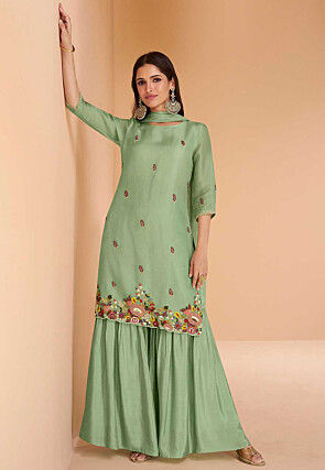 Embroidered Organza Silk Pakistani Suit in Green