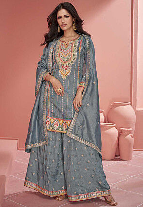 Embroidered Organza Silk Pakistani Suit in Grey