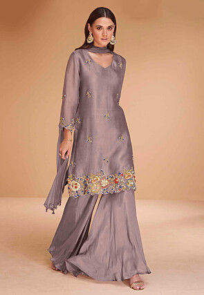 Embroidered Organza Silk Pakistani Suit in Grey