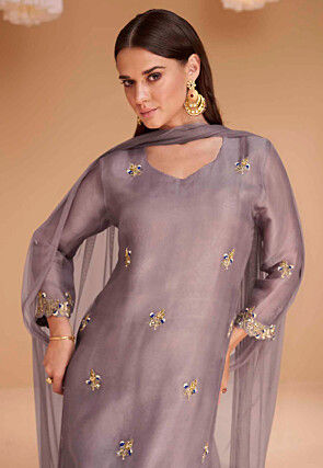 Embroidered Organza Silk Pakistani Suit in Grey