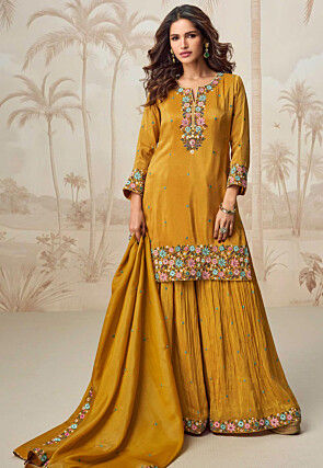 Embroidered Organza Silk Pakistani Suit in Mustard