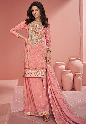 Embroidered Organza Silk Pakistani Suit in Peach