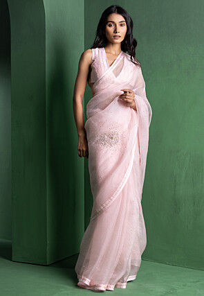 Embroidered Organza Silk  Saree in Baby Pink