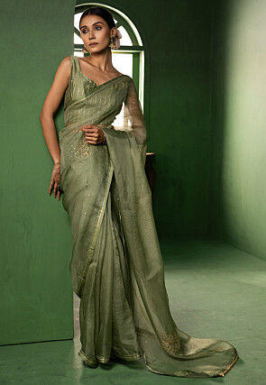 Embroidered Organza Silk  Saree in Green