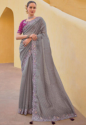 Embroidered Organza Silk Saree in Grey