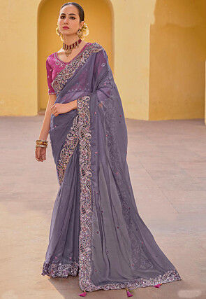 Embroidered Organza Silk Saree in Grey