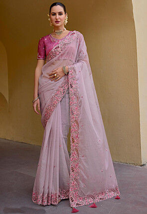 Embroidered Organza Silk Saree in Light Purple