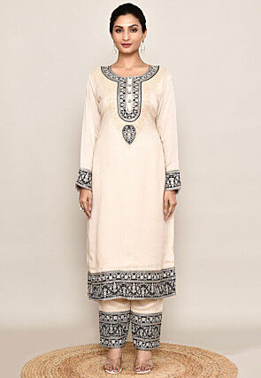 Embroidered Organza Silk Straight Kurta in Beige